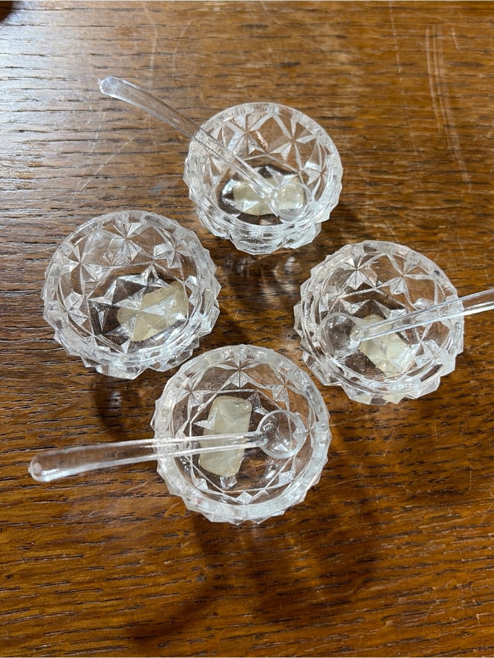 Vintage Viking 4 Pressed Glass Salt Cellars W/3 Mini Spoons-Japan-Diamond Cut
